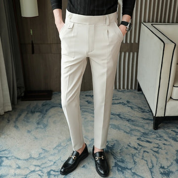 Aidase   2022 Brand Clothing Men Spring Stylecasual Nine Cent Trousers/Male Slim Fit High-Grade Pure Cotton Stripe Suit Pants Black Beige aidase-shop